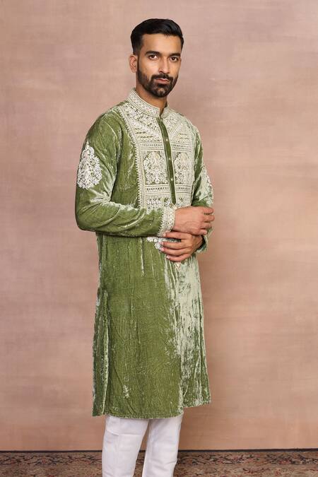 Buy_Gargee Designers_Green Silk, Velvet Embroidery Shaan Dori Kurta Set _Online_at_Aza_Fashions