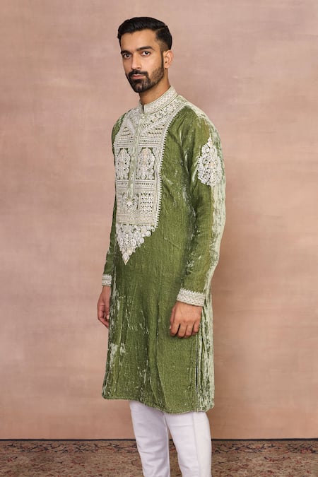 Shop_Gargee Designers_Green Silk, Velvet Embroidery Shaan Dori Kurta Set _Online_at_Aza_Fashions