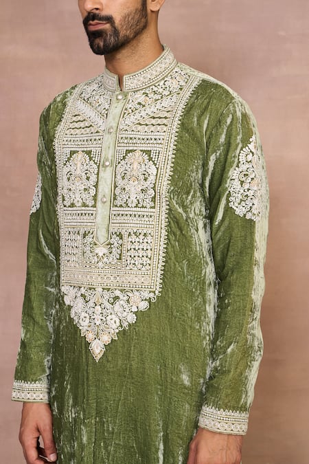 Gargee Designers_Green Silk, Velvet Embroidery Shaan Dori Kurta Set _at_Aza_Fashions