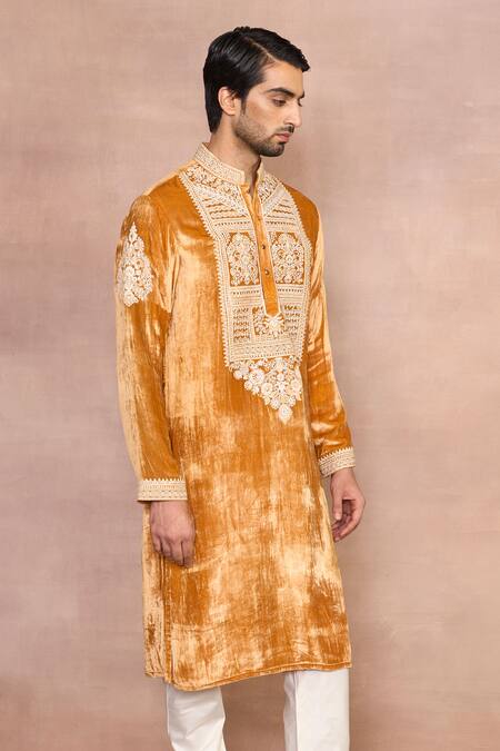 Gargee Designers_Yellow Silk, Velvet Embroidery Chandni Turmeric Dori Kurta Set _Online_at_Aza_Fashions