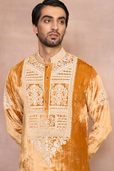 Shop_Gargee Designers_Yellow Silk, Velvet Embroidery Chandni Turmeric Dori Kurta Set _Online_at_Aza_Fashions