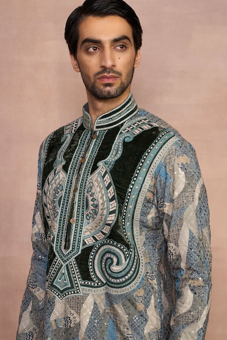 Shop_Gargee Designers_Green Polyester, Velvet, Cotton Embroidery Ibadat Kurta Set _Online_at_Aza_Fashions