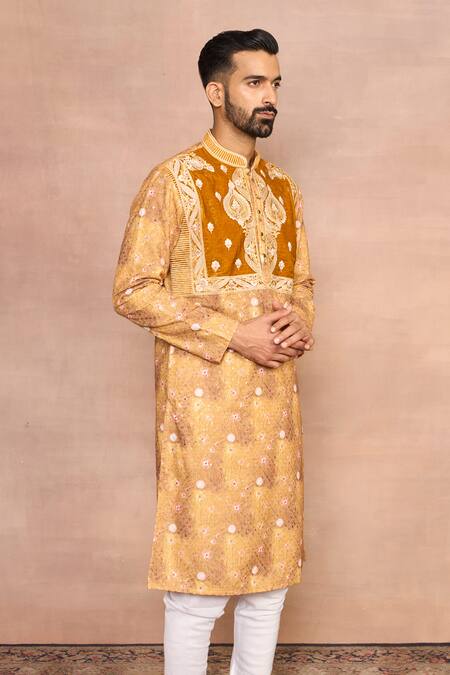 Gargee Designers Yellow Polyester, Silk, Velvet Embroidery Mustard Kurta Set Online at Aza Fashions Gargee Designers_Yellow Polyester, Silk, Velvet Embroidery Mustard Kurta Set _Online_at_Aza_Fashions