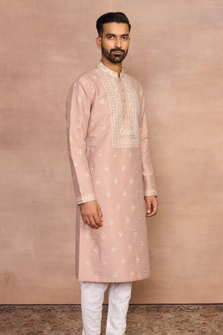 Gargee Designers_Peach Cotton, Silk Embroidery Kurta Set _Online_at_Aza_Fashions