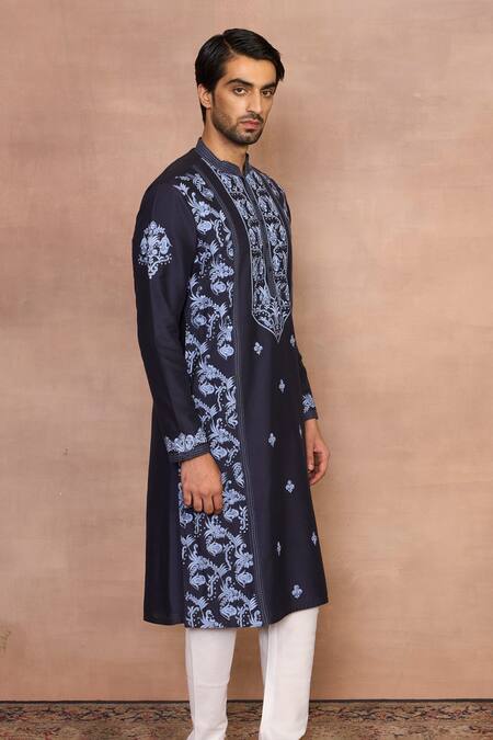 Shop_Gargee Designers_Blue Cotton Embroidery Navy Kurta Set _Online_at_Aza_Fashions