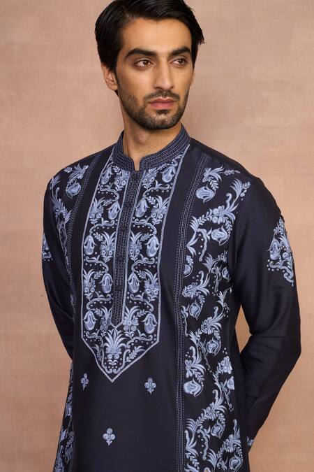 Gargee Designers_Blue Cotton Embroidery Navy Kurta Set _at_Aza_Fashions