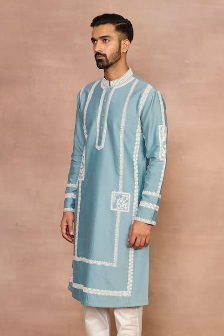 Buy_Gargee Designers_Blue Cotton, Silk Embroidery Raah Aqua Kurta Set _Online_at_Aza_Fashions