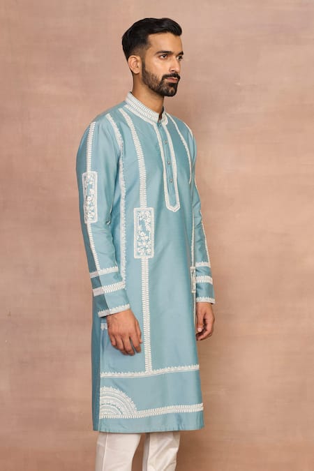 Shop_Gargee Designers_Blue Cotton, Silk Embroidery Raah Aqua Kurta Set _Online_at_Aza_Fashions