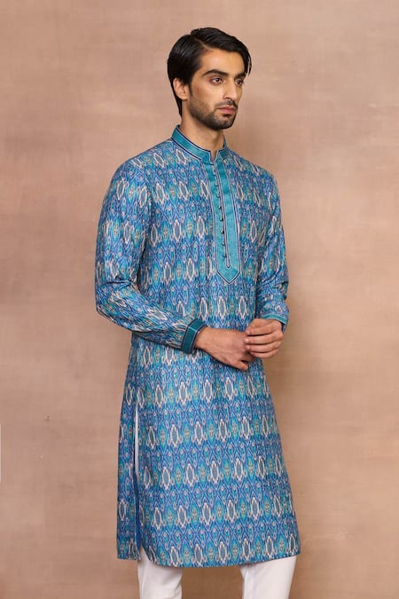 Buy_Gargee Designers_Blue Cotton, Silk Embroidery Aqua Ikat Kurta Set _Online_at_Aza_Fashions