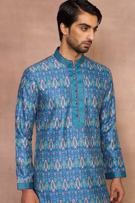 Shop_Gargee Designers_Blue Cotton, Silk Embroidery Aqua Ikat Kurta Set _Online_at_Aza_Fashions