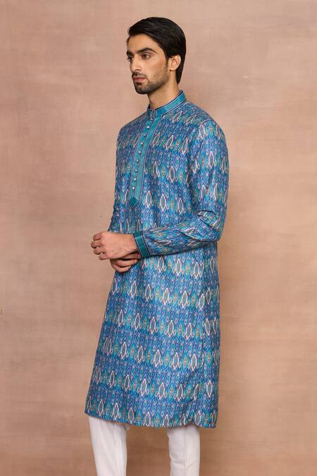 Gargee Designers_Blue Cotton, Silk Embroidery Aqua Ikat Kurta Set _at_Aza_Fashions