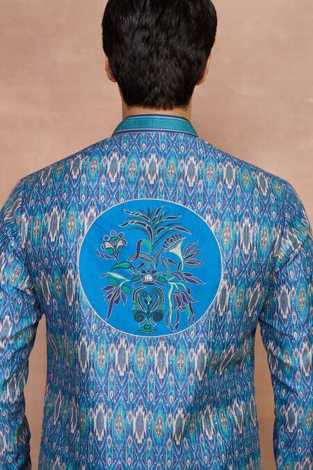 Buy_Gargee Designers_Blue Cotton, Silk Embroidery Aqua Ikat Kurta Set 