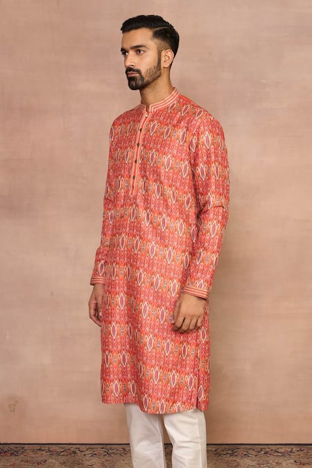 Shop Gargee Designers Orange Cotton, Silk Ikat Kurta Set Online at Aza Fashions Shop_Gargee Designers_Orange Cotton, Silk Ikat Kurta Set _Online_at_Aza_Fashions