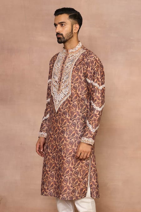 Buy_Gargee Designers_Brown Cotton, Silk Embroidery Rabaab Printed Kurta Set _Online_at_Aza_Fashions