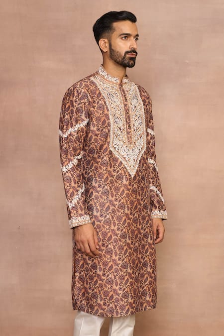 Shop_Gargee Designers_Brown Cotton, Silk Embroidery Rabaab Printed Kurta Set _Online_at_Aza_Fashions