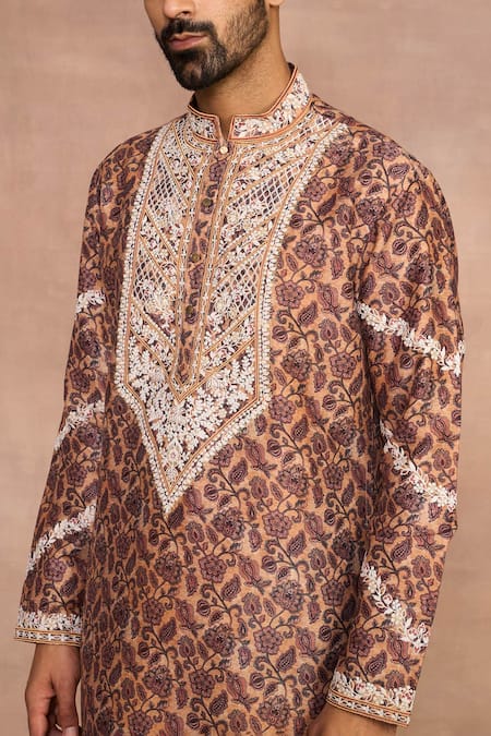 Gargee Designers_Brown Cotton, Silk Embroidery Rabaab Printed Kurta Set _at_Aza_Fashions