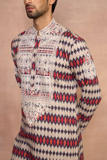 Gargee Designers_Multi Color Cotton, Silk Embroidery Multicolor Ikat Kurta Set _at_Aza_Fashions
