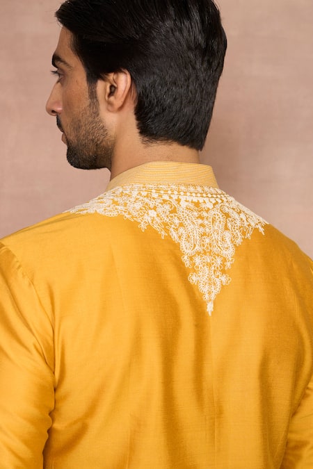 Buy_Gargee Designers_Yellow Cotton, Silk Embroidery Mustard Kurta Set _Online_at_Aza_Fashions