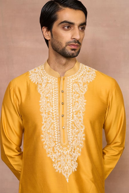 Shop_Gargee Designers_Yellow Cotton, Silk Embroidery Mustard Kurta Set _Online_at_Aza_Fashions