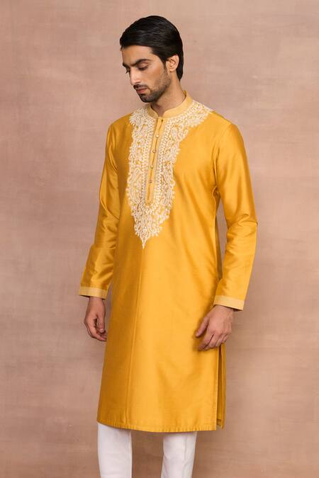 Gargee Designers_Yellow Cotton, Silk Embroidery Mustard Kurta Set _at_Aza_Fashions