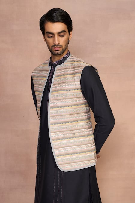 Buy_Gargee Designers_Blue Polyester, Cotton Embroidery Pyaala Grey Bundi Dhoti Set _Online_at_Aza_Fashions