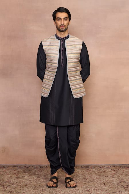 Shop_Gargee Designers_Blue Polyester, Cotton Embroidery Pyaala Grey Bundi Dhoti Set _Online_at_Aza_Fashions