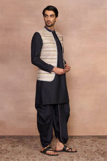 Buy_Gargee Designers_Blue Polyester, Cotton Embroidery Pyaala Grey Bundi Dhoti Set 