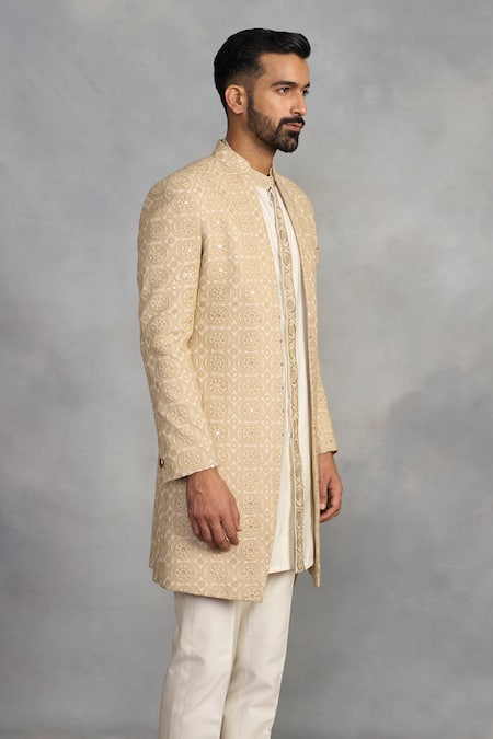 Gargee Designers_Beige Polyester Embroidery Indowestern Sherwani Set _Online_at_Aza_Fashions