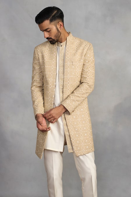 Shop_Gargee Designers_Beige Polyester Embroidery Indowestern Sherwani Set _Online_at_Aza_Fashions