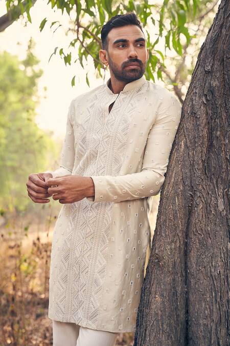 Shop Kaaj Button Beige Silk, Cotton Embroidery Kurta Set Online at Aza Fashions Shop_Kaaj Button_Beige Silk, Cotton Embroidery Kurta Set _Online_at_Aza_Fashions