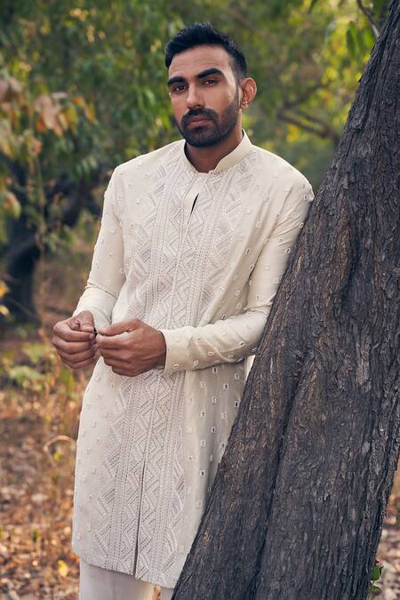 Kaaj Button Beige Silk, Cotton Embroidery Kurta Set at Aza Fashions Kaaj Button_Beige Silk, Cotton Embroidery Kurta Set _at_Aza_Fashions