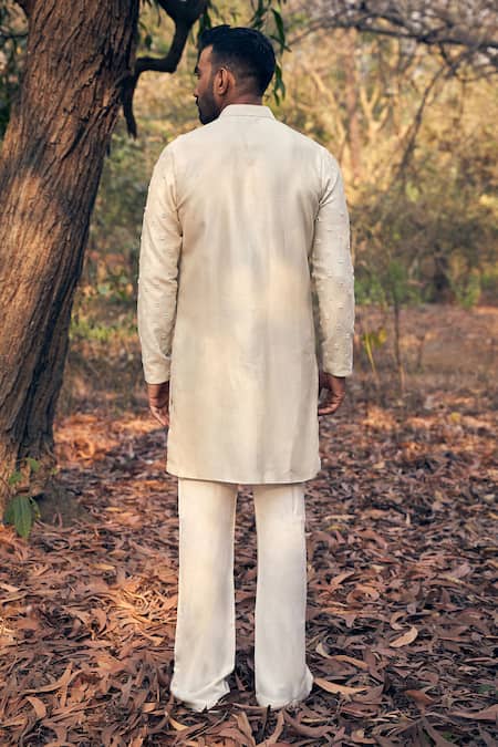 Shop Kaaj Button Beige Silk, Cotton Embroidery Kurta Set at Aza Fashions Shop_Kaaj Button_Beige Silk, Cotton Embroidery Kurta Set _at_Aza_Fashions