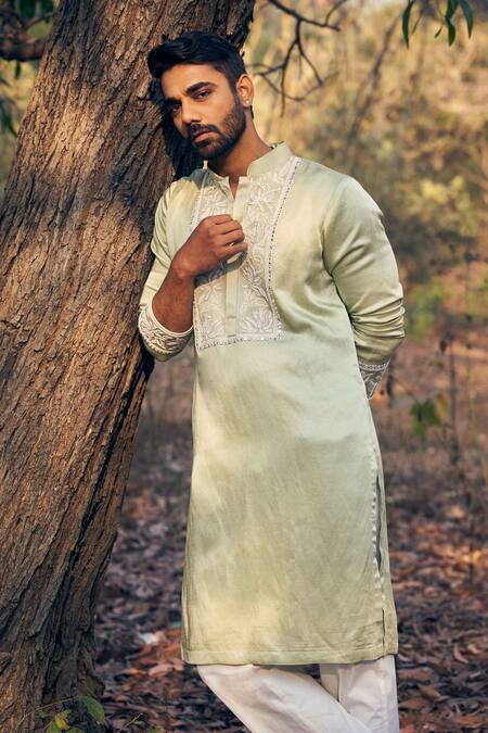 Shop Kaaj Button Green Satin, Cotton Embroidery Kurta Set at Aza Fashions Shop_Kaaj Button_Green Satin, Cotton Embroidery Kurta Set _at_Aza_Fashions