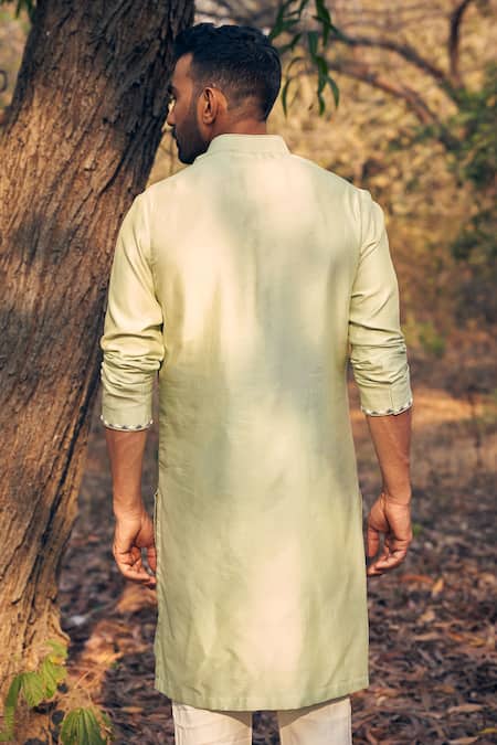 Shop Kaaj Button Green Chanderi Silk, Cotton Embroidery Sheer Kurta Set at Aza Fashions Shop_Kaaj Button_Green Chanderi Silk, Cotton Embroidery Sheer Kurta Set _at_Aza_Fashions