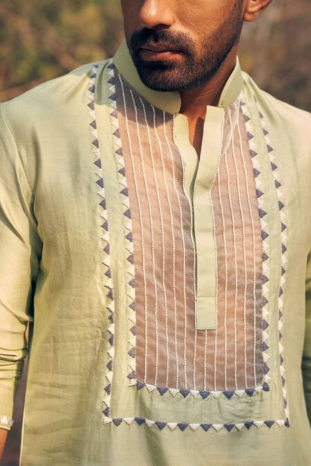 Kaaj Button Green Chanderi Silk, Cotton Embroidery Sheer Kurta Set Online at Aza Fashions Kaaj Button_Green Chanderi Silk, Cotton Embroidery Sheer Kurta Set _Online_at_Aza_Fashions