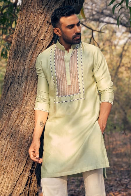 Buy Kaaj Button Green Chanderi Silk, Cotton Embroidery Sheer Kurta Set Online at Aza Fashions Buy_Kaaj Button_Green Chanderi Silk, Cotton Embroidery Sheer Kurta Set _Online_at_Aza_Fashions