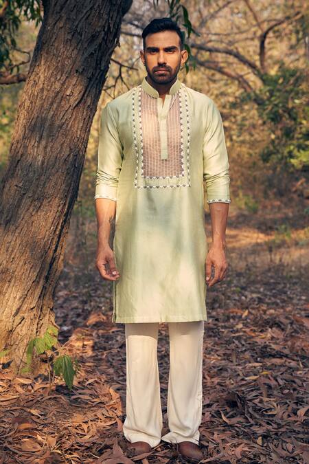 Shop Kaaj Button Green Chanderi Silk, Cotton Embroidery Sheer Kurta Set Online at Aza Fashions Shop_Kaaj Button_Green Chanderi Silk, Cotton Embroidery Sheer Kurta Set _Online_at_Aza_Fashions