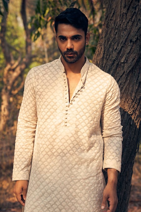 Kaaj Button Beige Silk, Cotton, Embroidery Scallop Kurta Set Online at Aza Fashions Kaaj Button_Beige Silk, Cotton, Embroidery Scallop Kurta Set _Online_at_Aza_Fashions