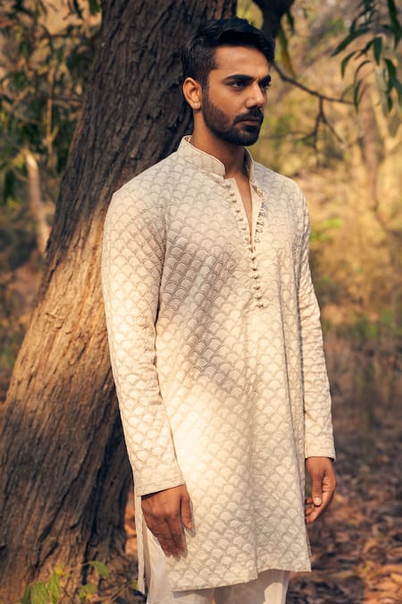Buy Kaaj Button Beige Silk, Cotton, Embroidery Scallop Kurta Set Online at Aza Fashions Buy_Kaaj Button_Beige Silk, Cotton, Embroidery Scallop Kurta Set _Online_at_Aza_Fashions