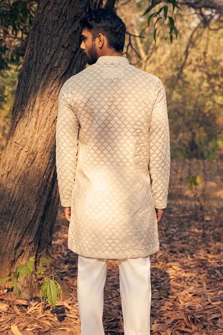 Shop Kaaj Button Beige Silk, Cotton, Embroidery Scallop Kurta Set at Aza Fashions Shop_Kaaj Button_Beige Silk, Cotton, Embroidery Scallop Kurta Set _at_Aza_Fashions