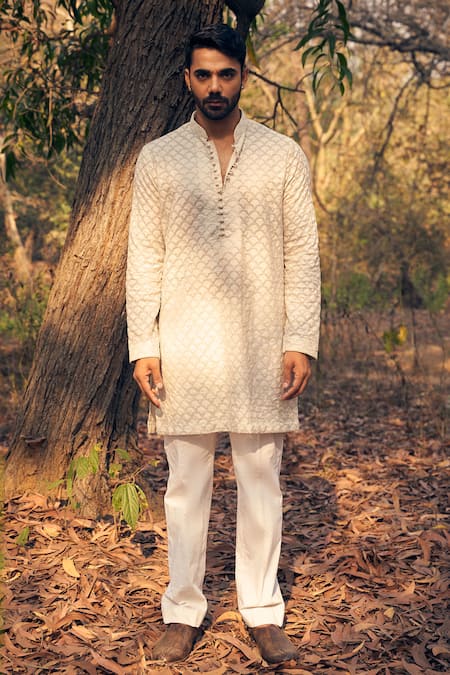 Shop Kaaj Button Beige Silk, Cotton, Embroidery Scallop Kurta Set Online at Aza Fashions Shop_Kaaj Button_Beige Silk, Cotton, Embroidery Scallop Kurta Set _Online_at_Aza_Fashions