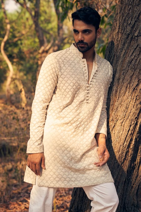 Kaaj Button Beige Silk, Cotton, Embroidery Scallop Kurta Set at Aza Fashions Kaaj Button_Beige Silk, Cotton, Embroidery Scallop Kurta Set _at_Aza_Fashions