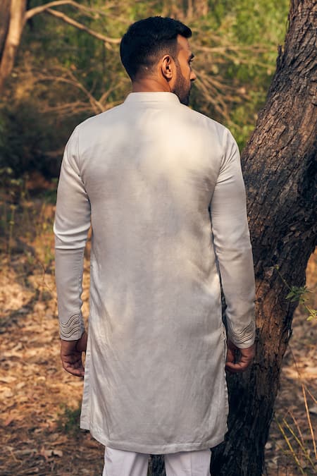 Shop Kaaj Button Blue Satin, Cotton, Linen Embroidery Waves Bomber Kurta Set at Aza Fashions Shop_Kaaj Button_Blue Satin, Cotton, Linen Embroidery Waves Bomber Kurta Set _at_Aza_Fashions