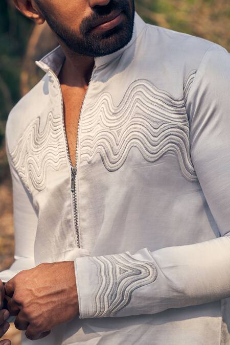 Kaaj Button Blue Satin, Cotton, Linen Embroidery Waves Bomber Kurta Set Online at Aza Fashions Kaaj Button_Blue Satin, Cotton, Linen Embroidery Waves Bomber Kurta Set _Online_at_Aza_Fashions