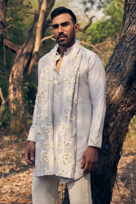 Kaaj Button Blue Silk, Cotton, Embroidery Ice Bath Kurta Stole Set Online at Aza Fashions Kaaj Button_Blue Silk, Cotton, Embroidery Ice Bath Kurta Stole Set _Online_at_Aza_Fashions