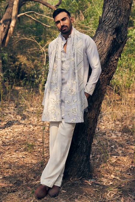 Buy Kaaj Button Blue Silk, Cotton, Embroidery Ice Bath Kurta Stole Set Online at Aza Fashions Buy_Kaaj Button_Blue Silk, Cotton, Embroidery Ice Bath Kurta Stole Set _Online_at_Aza_Fashions