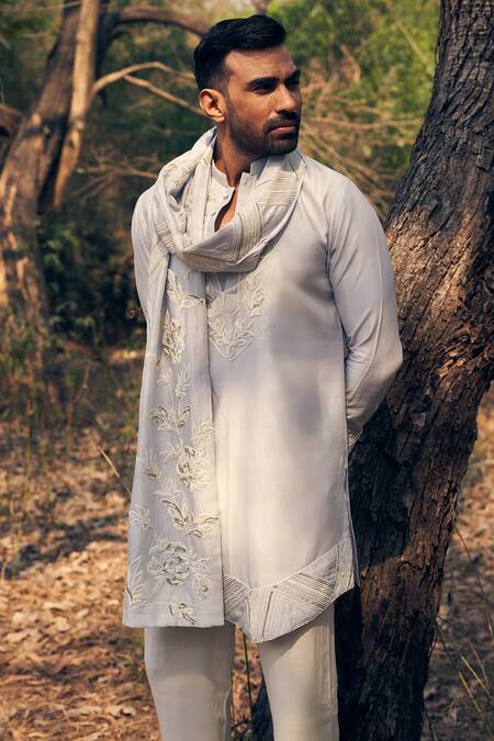 Kaaj Button Blue Silk, Cotton, Embroidery Ice Bath Kurta Stole Set at Aza Fashions Kaaj Button_Blue Silk, Cotton, Embroidery Ice Bath Kurta Stole Set _at_Aza_Fashions