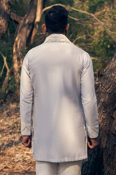 Shop Kaaj Button Blue Silk, Cotton, Embroidery Ice Bath Kurta Stole Set at Aza Fashions Shop_Kaaj Button_Blue Silk, Cotton, Embroidery Ice Bath Kurta Stole Set _at_Aza_Fashions