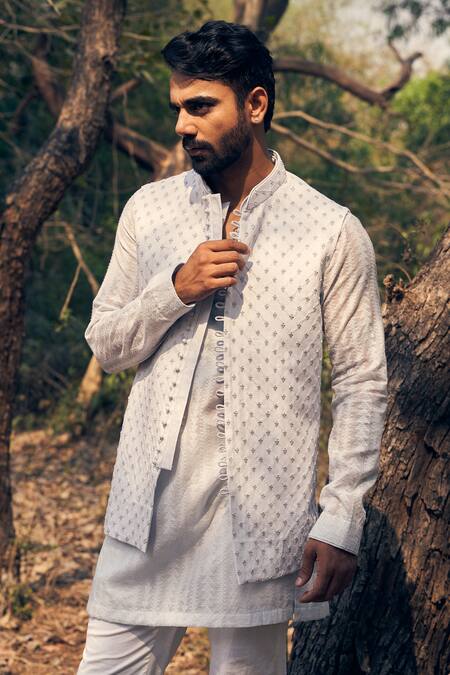 Buy Kaaj Button Blue Chanderi Silk, Cotton Satin Embroidery French Knot Kurta Bandi Set Online at Aza Fashions Buy_Kaaj Button_Blue Chanderi Silk, Cotton Satin Embroidery French Knot Kurta Bandi Set _Online_at_Aza_Fashions