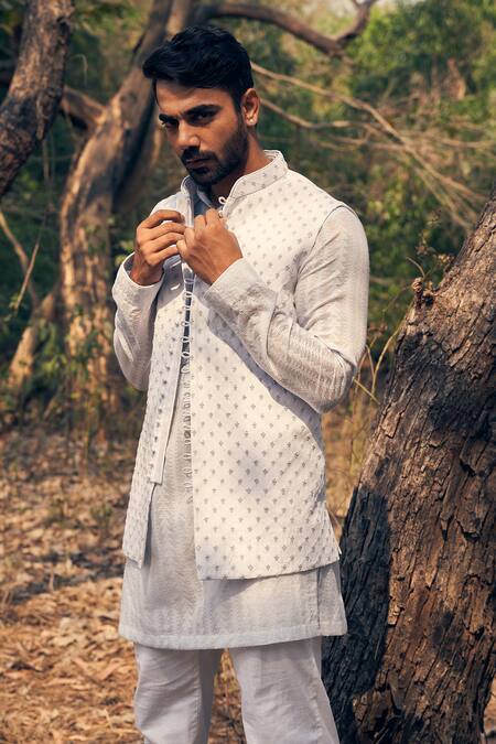 Shop Kaaj Button Blue Chanderi Silk, Cotton Satin Embroidery French Knot Kurta Bandi Set Online at Aza Fashions Shop_Kaaj Button_Blue Chanderi Silk, Cotton Satin Embroidery French Knot Kurta Bandi Set _Online_at_Aza_Fashions